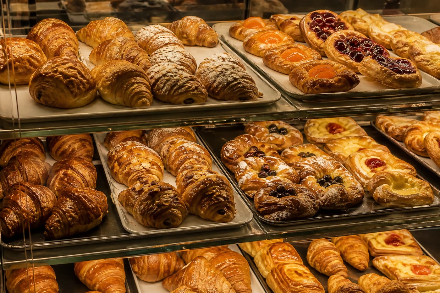 Pastry case with croissants and danishes