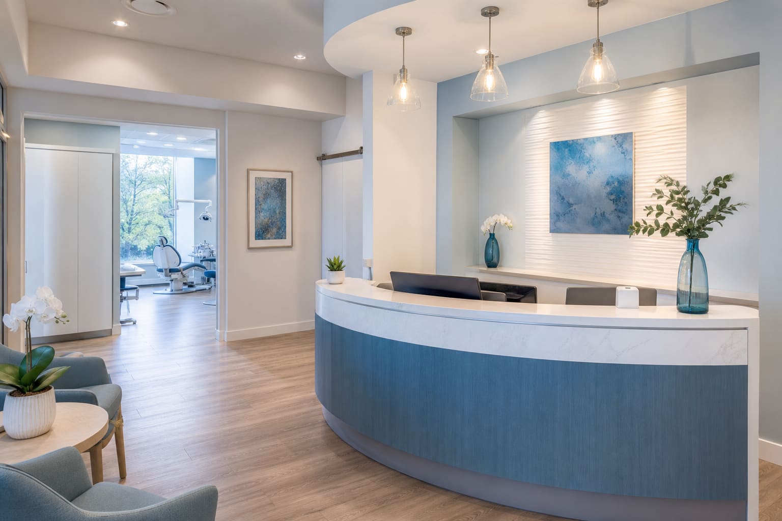 Bright, calm dental office reception at Peachtree Family Dental