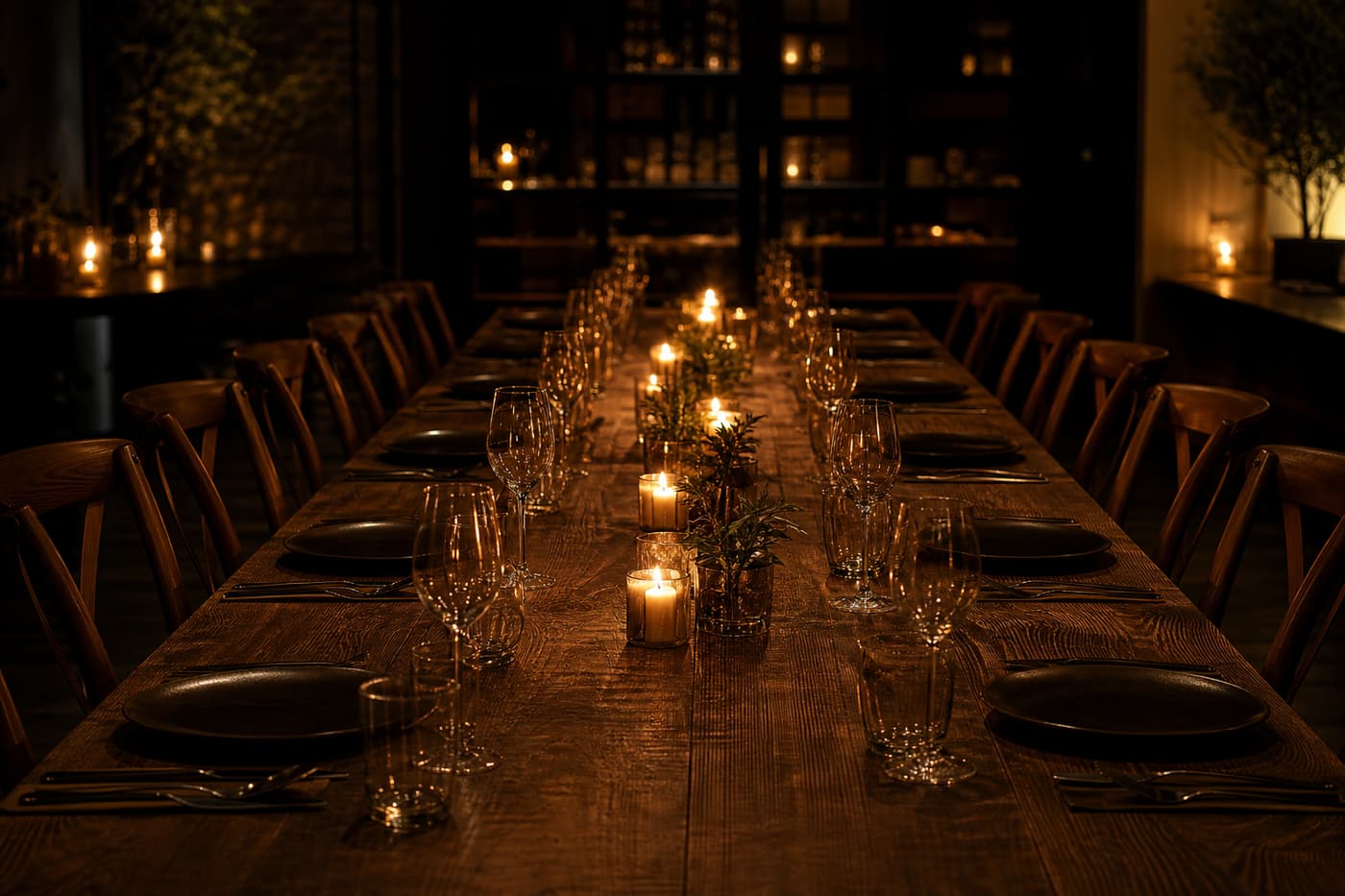 Long communal table in candlelight